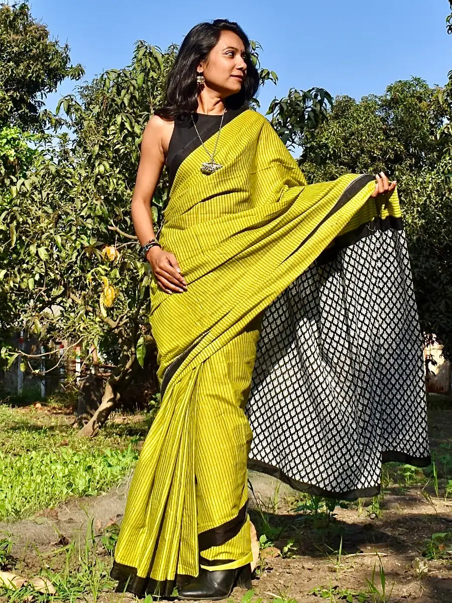 Lime Green Cotton Saree with Striped Print & Black Printed Pallu