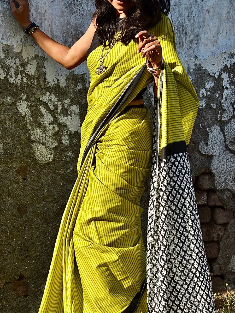 Lime Green Cotton Saree with Striped Print & Black Printed Pallu