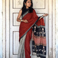 Terracotta Cotton Saree with Black Printed Border & Floral Pallu