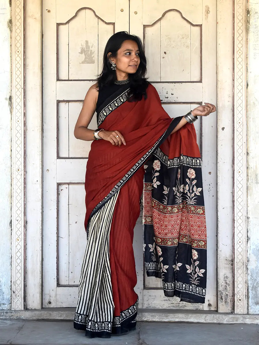 Terracotta Cotton Saree with Black Printed Border & Floral Pallu