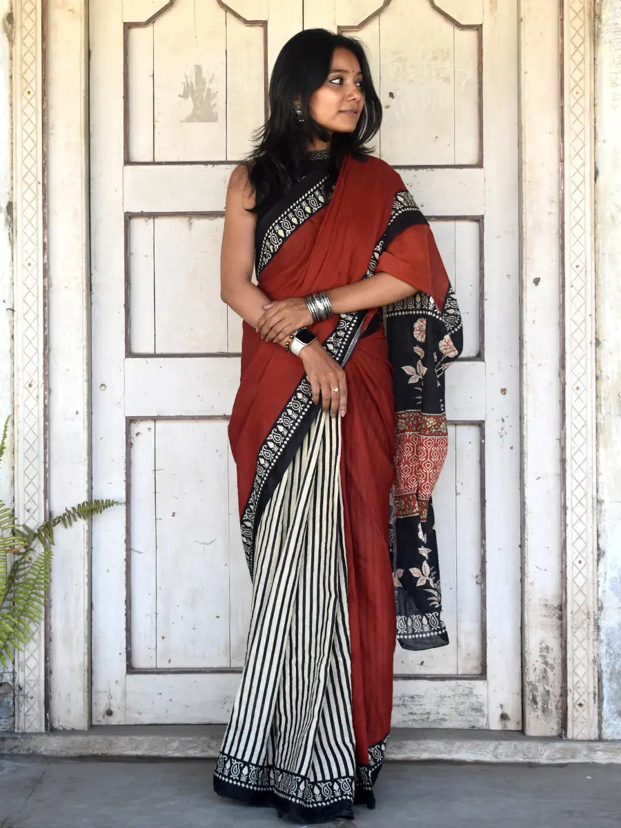 Terracotta Cotton Saree with Black Printed Border & Floral Pallu