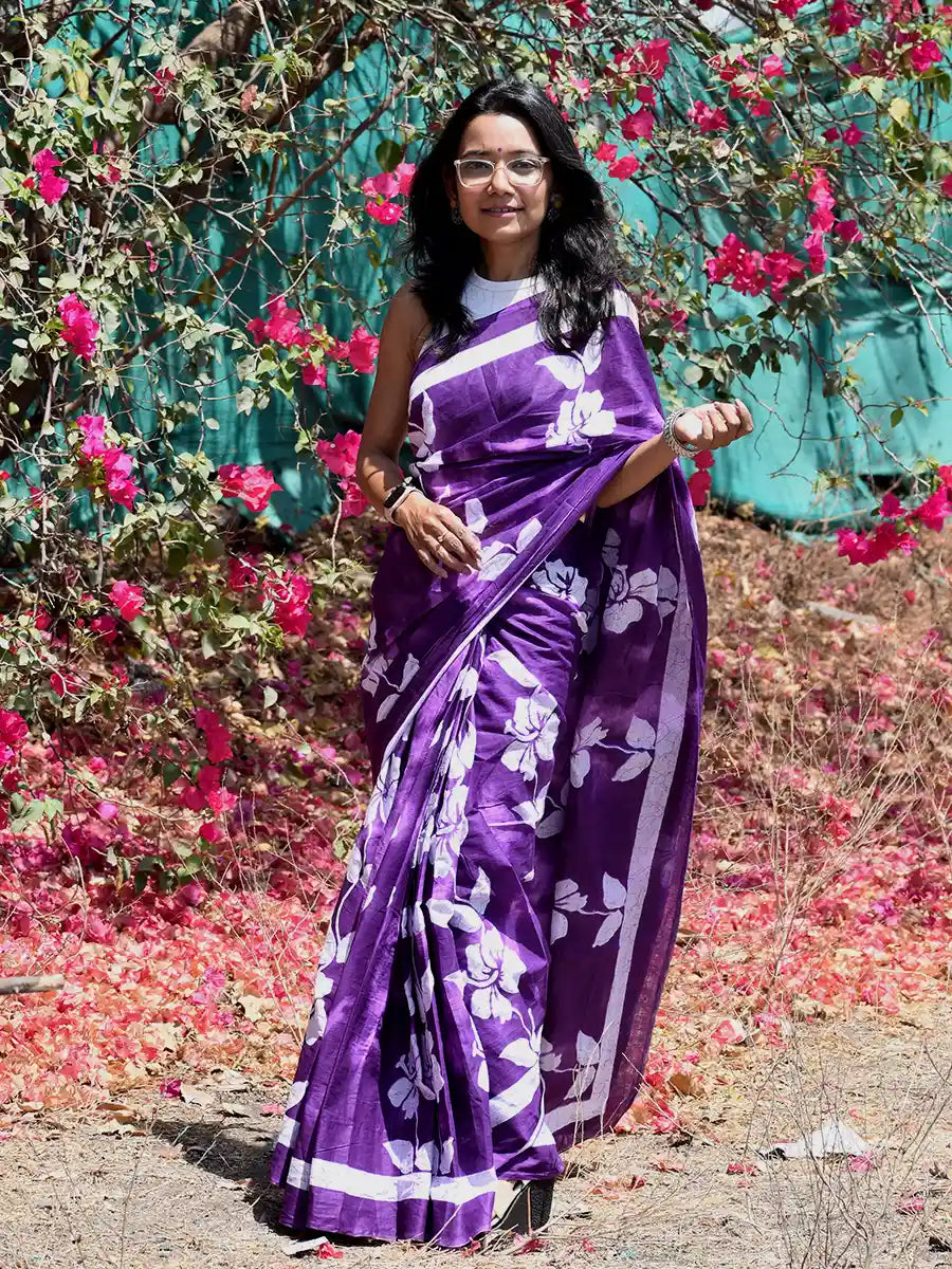 Royal Purple Cotton Saree with White Floral Print