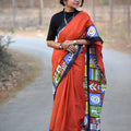 Rust Orange Cotton Saree with Artistic Printed Border
