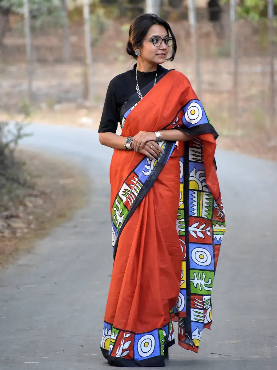 Rust Orange Cotton Saree with Artistic Printed Border
