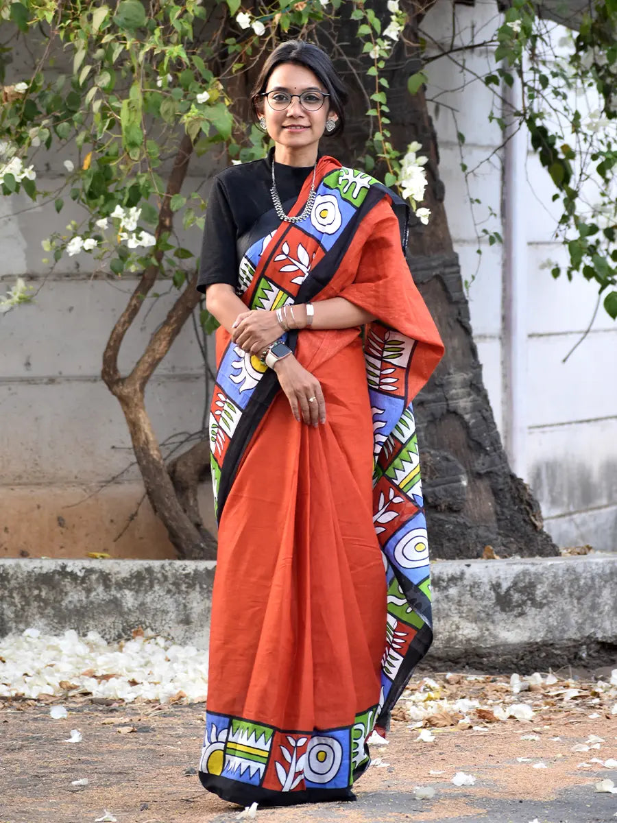 Rust Orange Cotton Saree with Artistic Printed Border