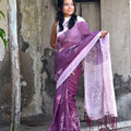 Wine Purple Linen Cotton Saree with Floral & Mandala Print