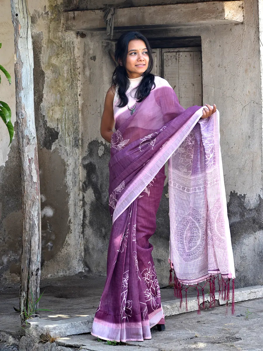 Wine Purple Linen Cotton Saree with Floral & Mandala Print