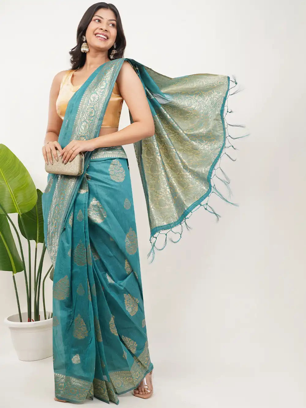 Teal Blue Ready to Wear Saree with Gold Zari Woven Border