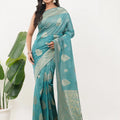 Teal Blue Ready to Wear Saree with Gold Zari Woven Border