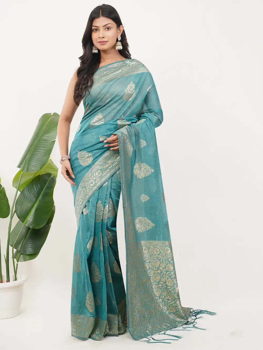 Teal Blue Ready to Wear Saree with Gold Zari Woven Border