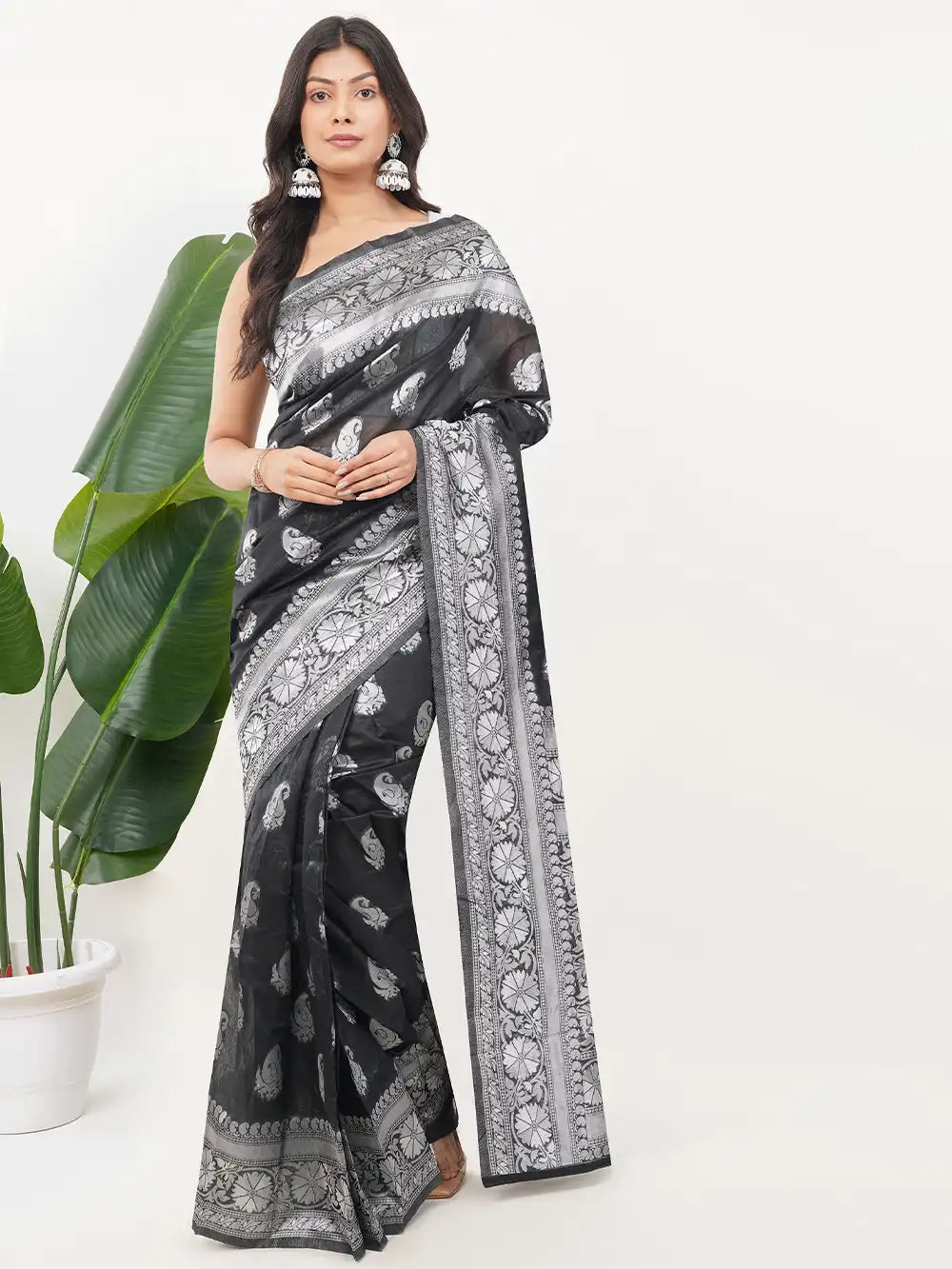 Black Ready to Wear Saree with Silver Zari Woven Border