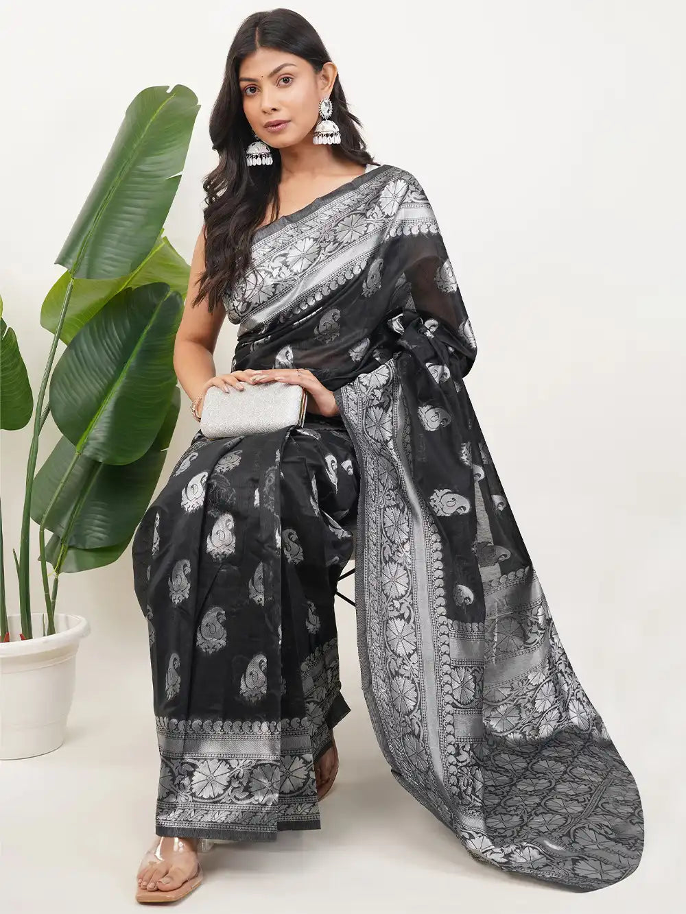 Black Ready to Wear Saree with Silver Zari Woven Border
