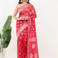 Red Ready to Wear Saree with Silver Zari Woven Border