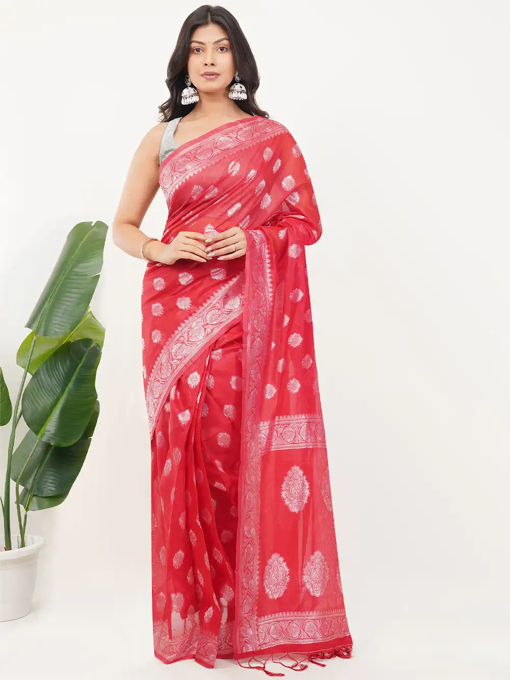 Red Ready to Wear Saree with Silver Zari Woven Border