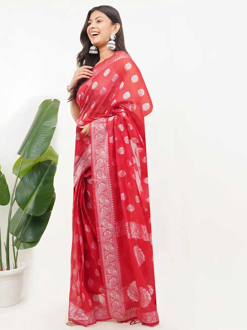 Red Ready to Wear Saree with Silver Zari Woven Border