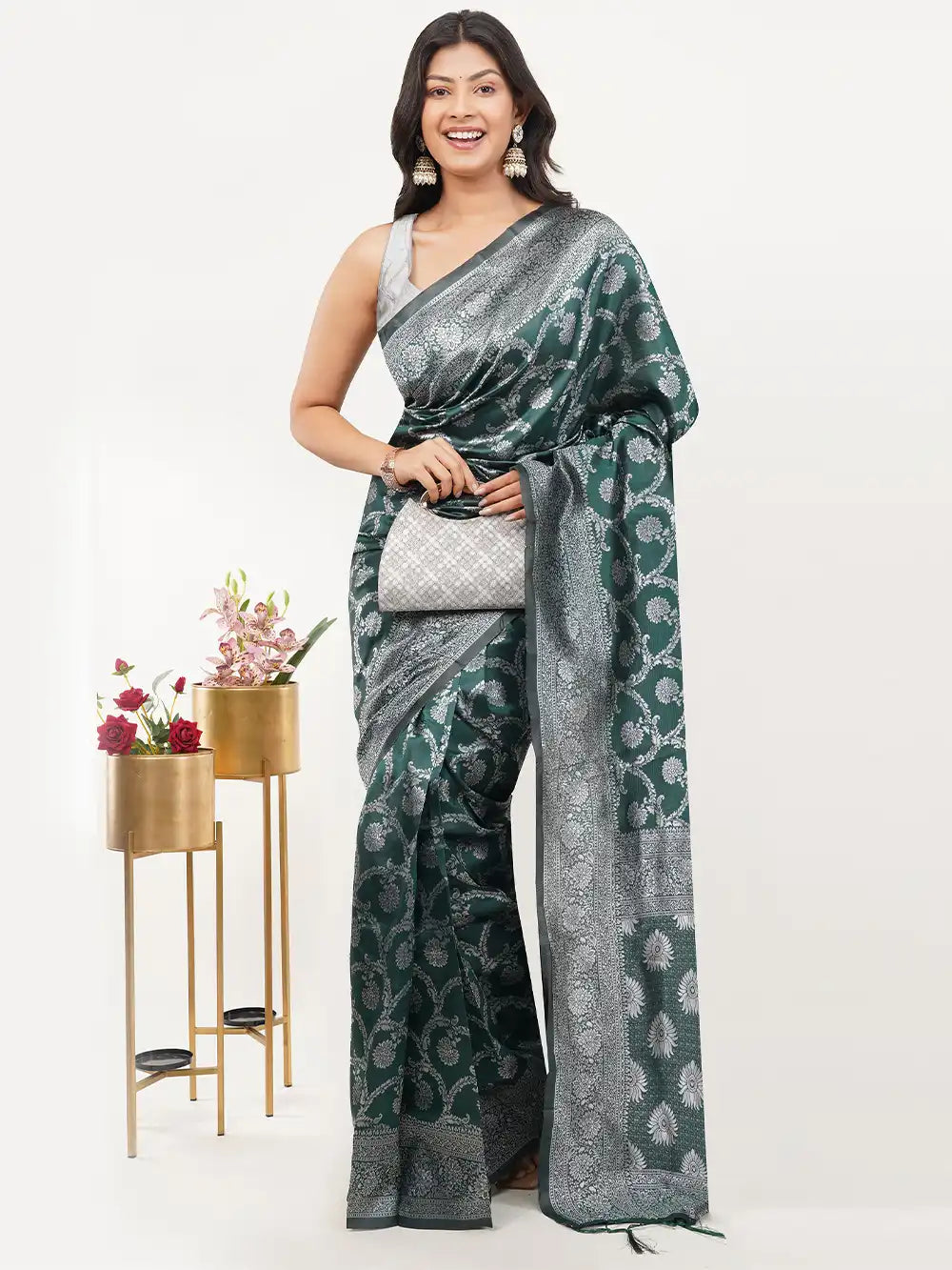 Forest Green Ready to Wear Saree with Silver Zari Floral Weaving