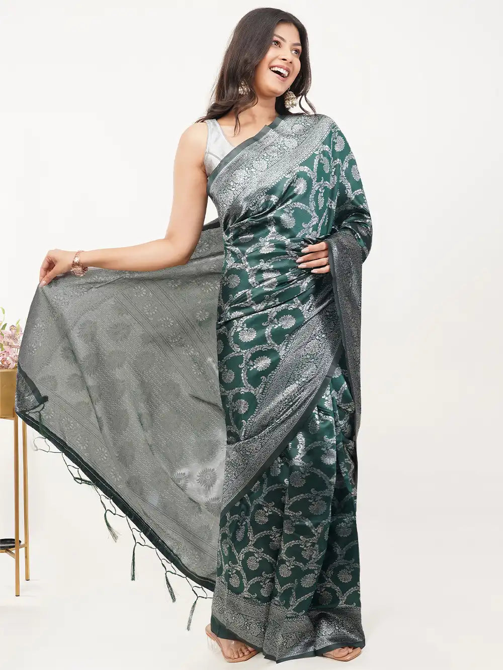 Forest Green Ready to Wear Saree with Silver Zari Floral Weaving