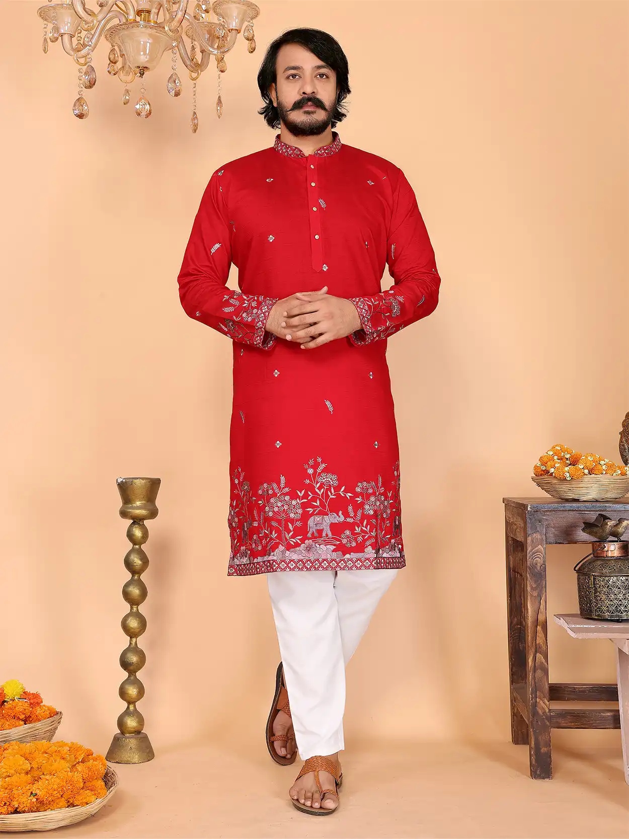 Men's Royal Elephant Garden Embroidered Deep Red Kurta Set - Image 2