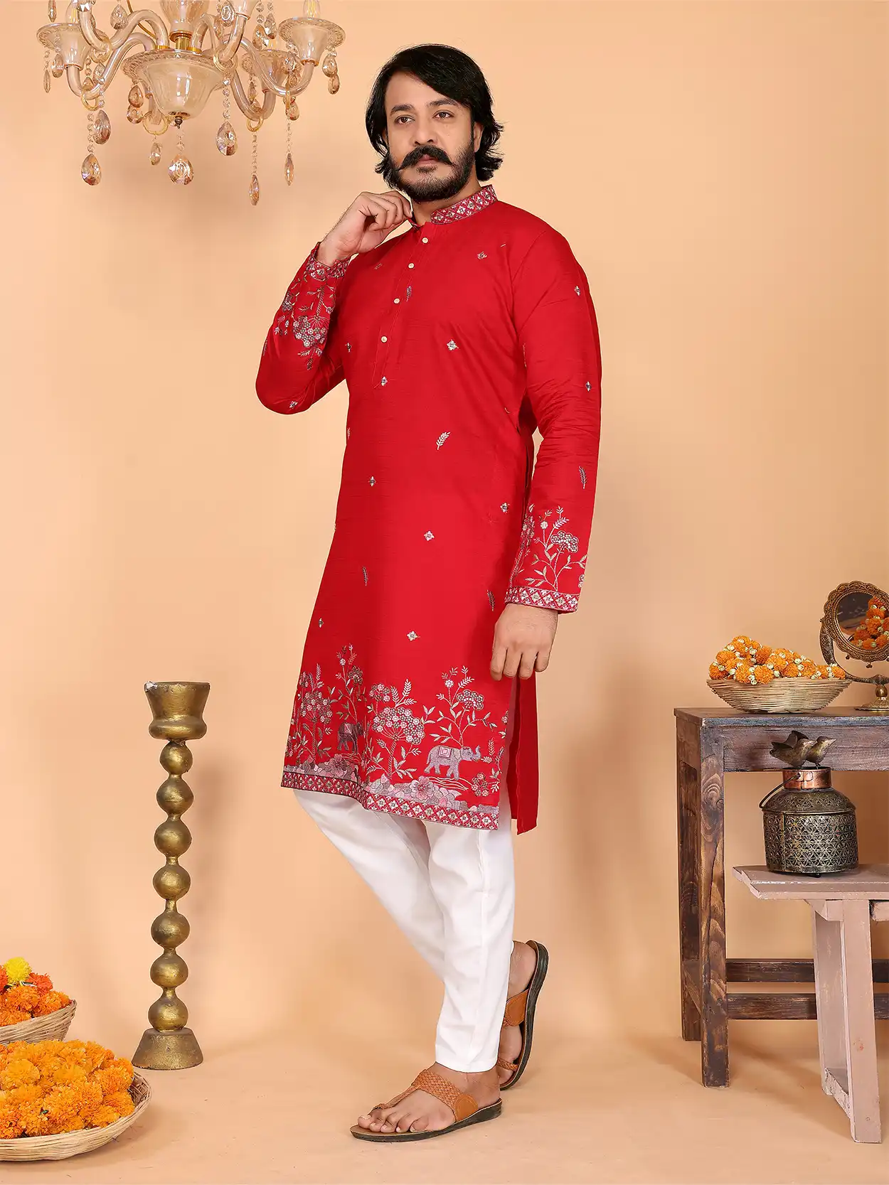 Men's Royal Elephant Garden Embroidered Deep Red Kurta Set - Image 3