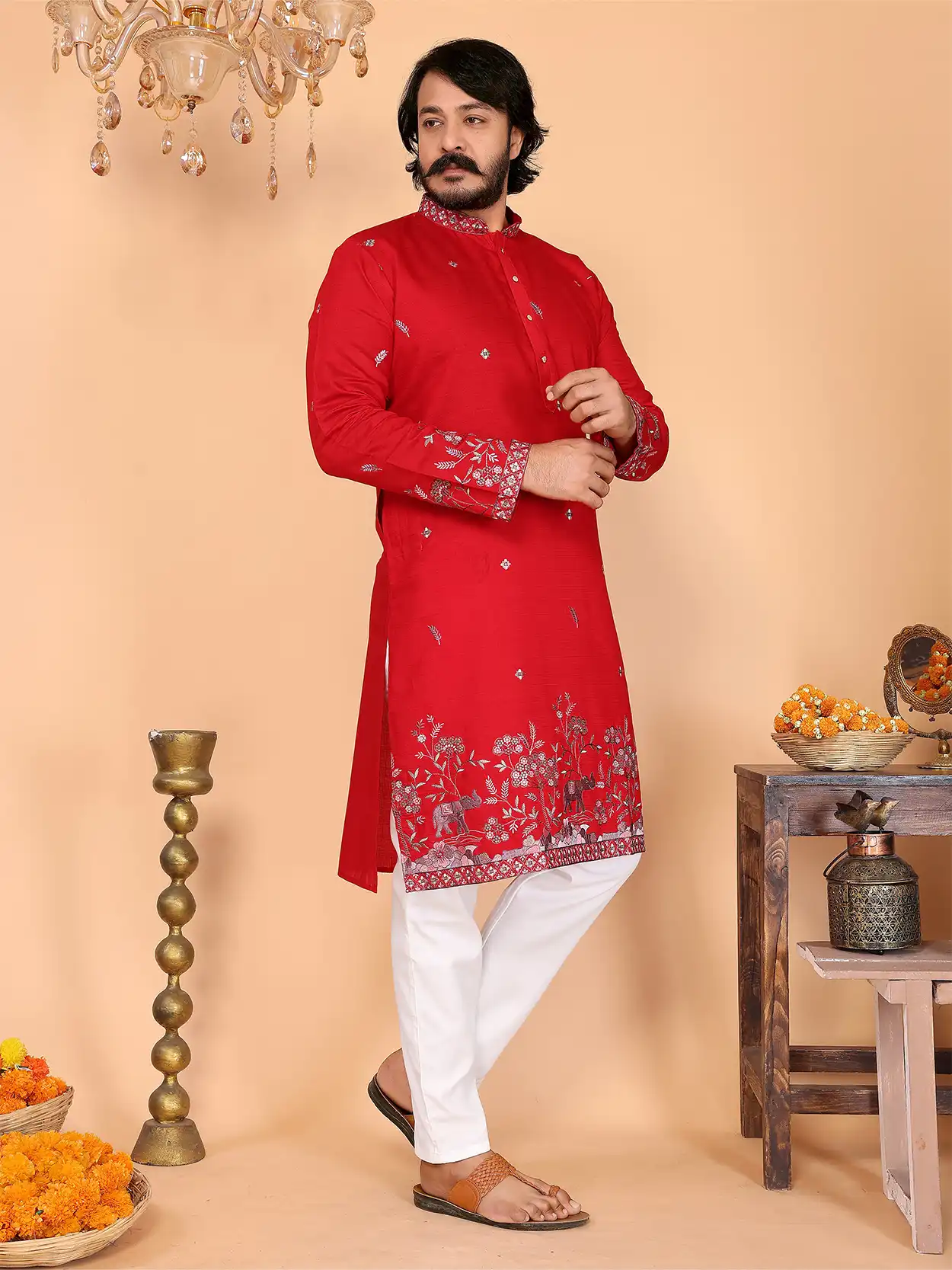 Men's Royal Elephant Garden Embroidered Deep Red Kurta Set - Image 4