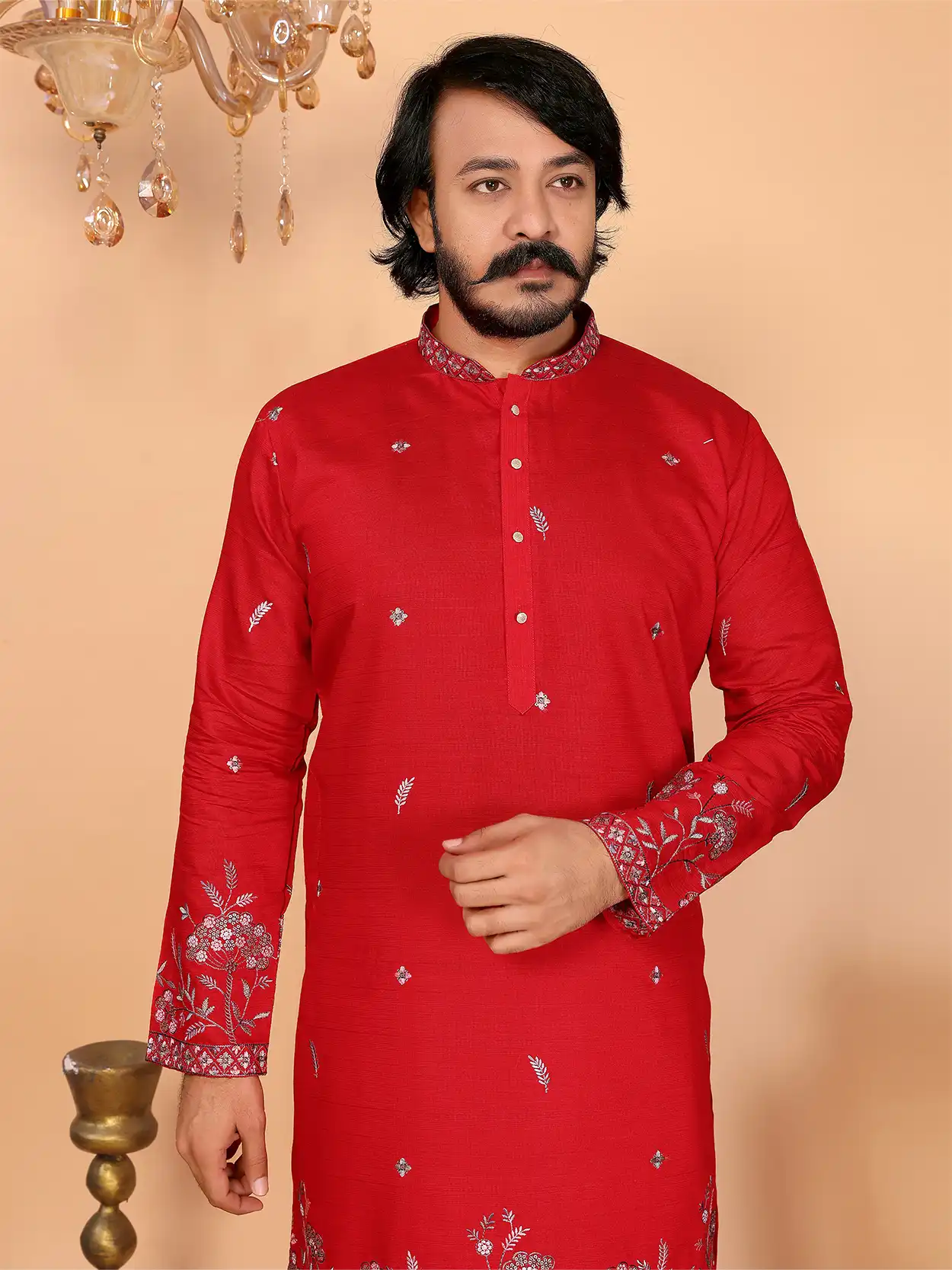 Men's Royal Elephant Garden Embroidered Deep Red Kurta Set - Image 5
