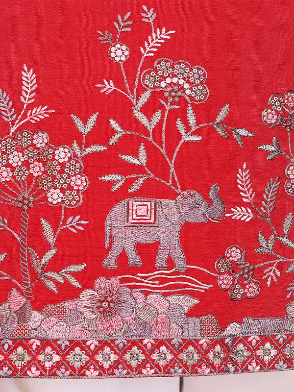 Men's Royal Elephant Garden Embroidered Deep Red Kurta Set - Image 6