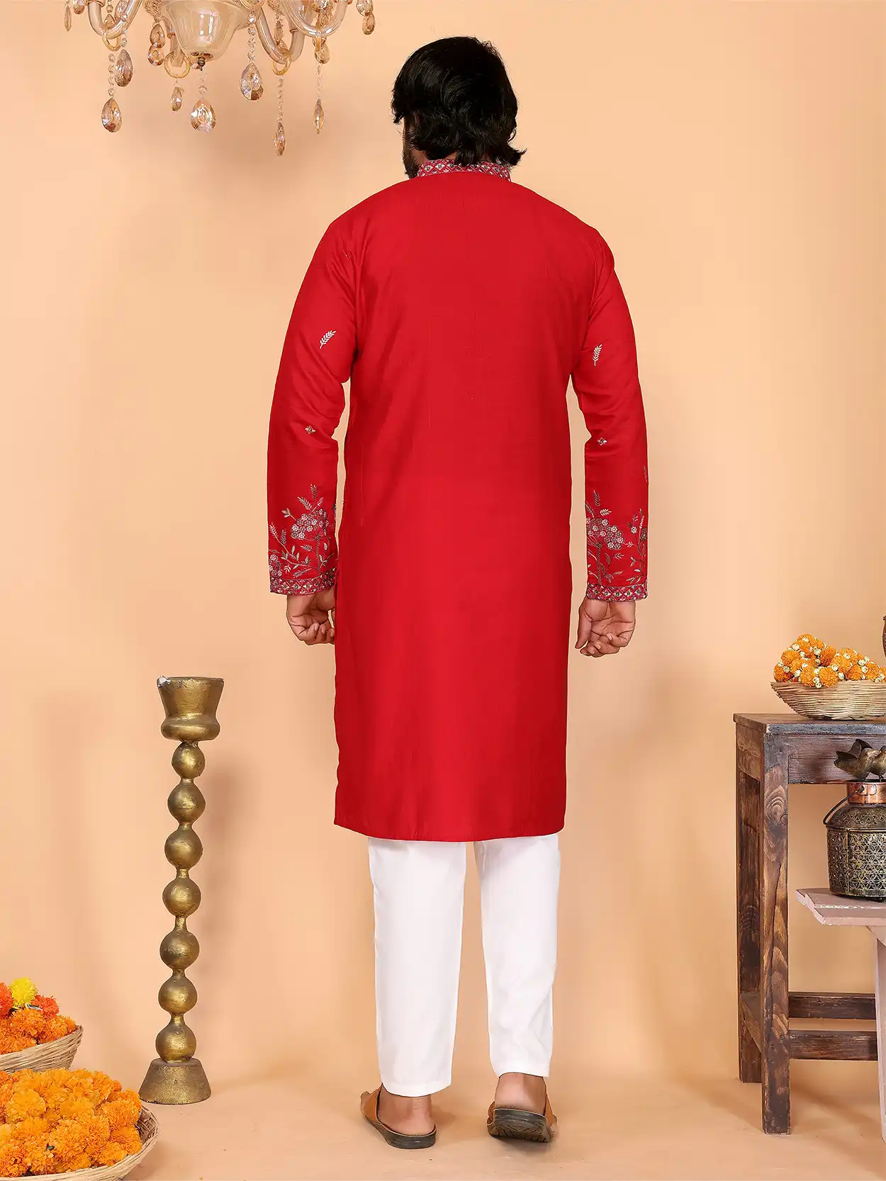 Men's Royal Elephant Garden Embroidered Deep Red Kurta Set - Image 7